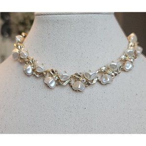 Vintage White Pearl and AB Rhinestone Ribbon Collar Necklace